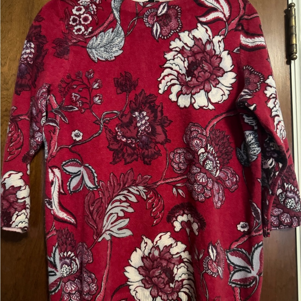 Talbots Cashmere-Red and Cream Floral Sweater
